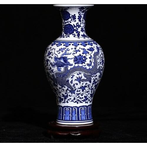 Jingdezhen Ceramic Antique Blue And White Porcelain Dragon Pattern Vase Home Decoration Modern Handicraft Living Room Decoration