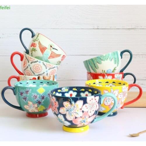 European-style Coffee Cup Pure Hand-painted Relief Ceramic Cups Breakfast Travel Beer Mug Large Capacity Coffe Mugs Drinkware