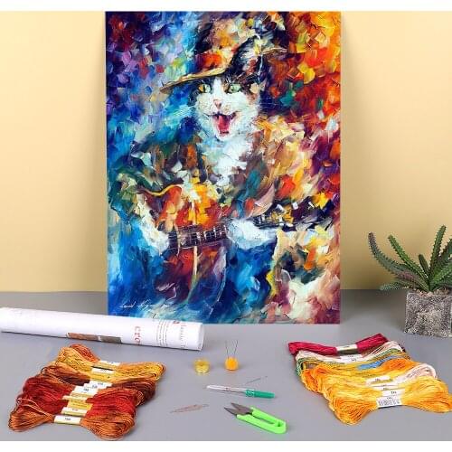 Cat Guitarist Printed Canvas 11CT Cross Stitch Embroidery Patterns DMC Threads Craft Sewing Needlework Hobby Needle Magic
