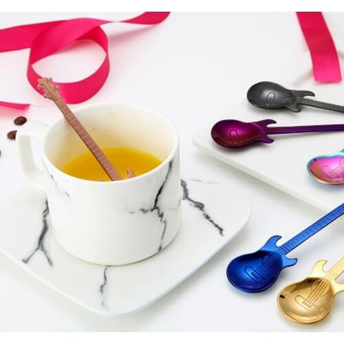 Creative Guitar Shape Spoons Rainbow Stainless Steel Coffee Stirring Scoop For Dessert Tea Ice Cream Kitchen Bar Cafe