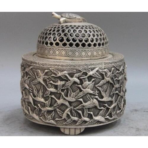 Fane White Copper Silver turtle thousand red-crowned crane incense burner censer