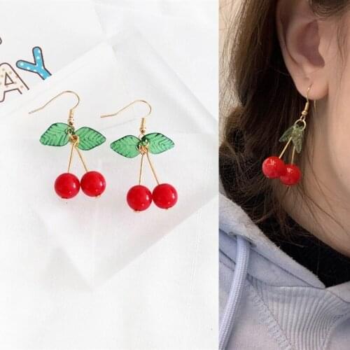 Cute Green Leaf Red Cherry Pendant Drop Earrings for Women Girls Teens Korean Fashion Fruit Earrings 2021 Trend New Arrival