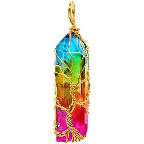 Trendy-beads Light Yellow Gold Color Wire Wrap Tree of Life Irregular Shape Crystal Dyed Colorful Pendant