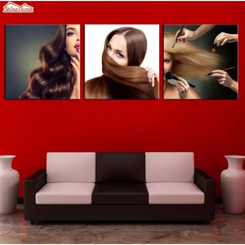 ShineHome-3pcs Canvas Prints Modular Paintings Beauty Hair Salon Figure Hairdo Posters Pictures Quadros Decoration on The Wall