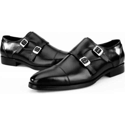 Mens Double Monk Strap Formal Shoes Genuine Leather Designer Square Toe Slip On Flats Business Oxford Sapato Masculino Social