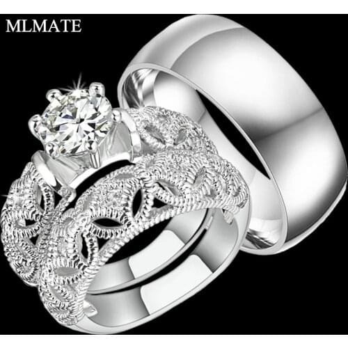 Princess Style Cubic Zirconia Hollow-out Silver Color Ring Sets for Women, Mens 8mm Classic Stainless Steel Wedding Ring