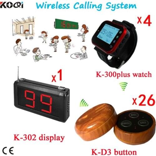 Table Wireless Waiter Call System For Restaurant Equipment 1 Counter Screen,4 Watch with 26 Waiterproof Transmitters