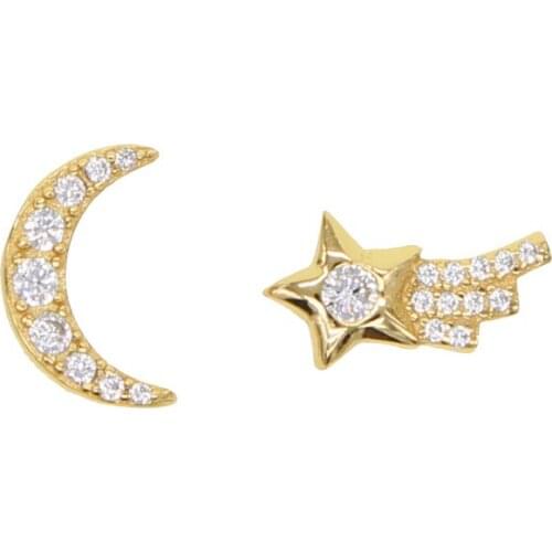 Cheaper 100% real 925 sterling silver mini moon shape stud earrings with cz paved star tiny stud earring for girl daughter gift