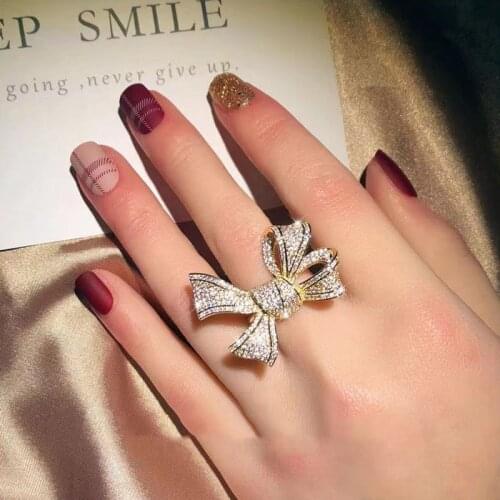 Luxury Charm Bowknot Ring Full Inlay Shiny Zircon Fashion Temperament Gold Jewelry For Women Wedding Party Unusual Accessories