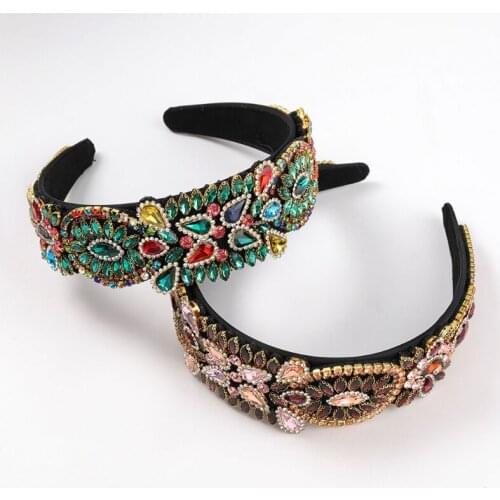 Luxurious Jewelry Velvet Wide Headband Multicolored Water Drop Faux Crystal Rhinestone Hair Hoop Evening Party Bandana