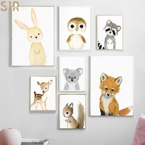 Cartoon Fox Koala Deer Rabbit Squirrel Nordic and Prints Wall Art Canvas Painting Nursery Kids Room Posters Canvas Painting
