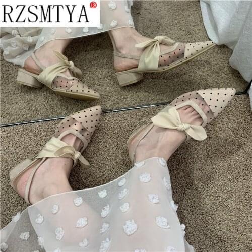 Mesh Lace Women Sandals Polka Dot Butterfly Knot Pointed Toe Shoes Low Heels Sandals Sandalias Mujer Casual Shoes