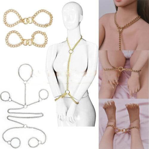 Silver Gold Stainless Steel Neck Collar Metal Handcuff Wrist Ankle Cuff Adult Slave Role Play BDSM Restraint Bondage Sex Toys