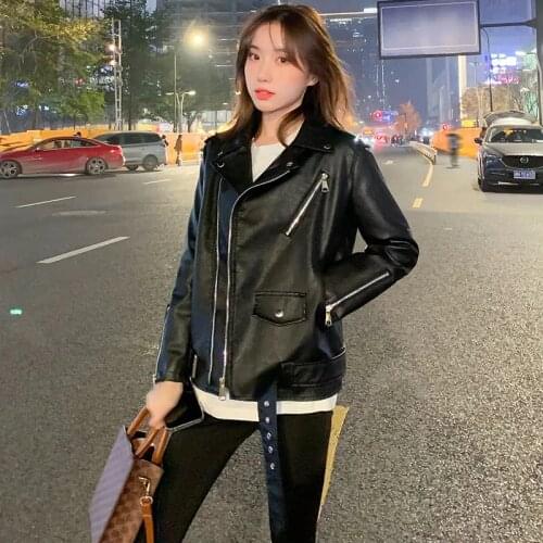 Female Jacket Washed Leather 2021 Womens New Spring Autumn Leather Coat Loose Thin Fashion Casual Plus Velvet Top Suit Collar C