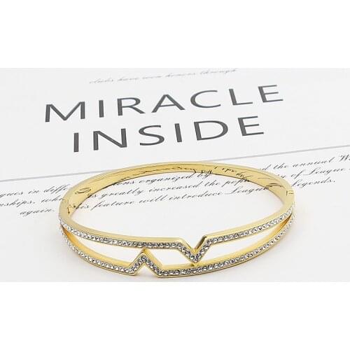 Classic Design Beautiful Two V Shape Zircon Bracelets & Bangle For Women Stainless Steel Gold Color Bangle Jewelry Wedding Gift