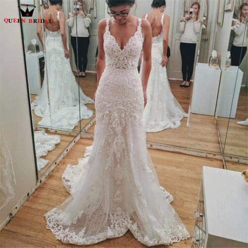 Sexy Mermaid Wedding Dresses Open Back Tulle Lace Crystal Beading Vintage Long Formal Bride Dress Custom Made DE24