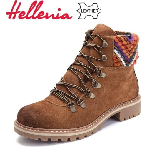 Hellenia Winter Boots Fashion Cow Suede Snow Boots Classic Boots Genuine Leather Wool Fur Boot Round Toe Tan Plush shoes