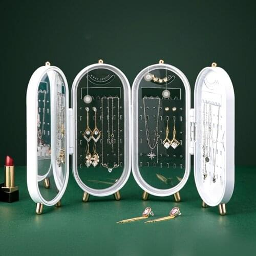 1 Pc Plastic Large Jewelry Box Organizer 4 Fan Jewel Storage Case Necklace Earrings Ring Mirror Display Desktop Jewel Holder