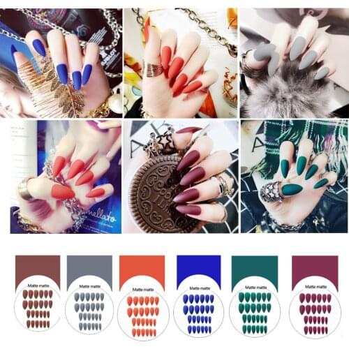 24pcs Matte False Short Pointed Soft Pink Nude Red Black Blue fake stiletto nails full cover Pure color Purple +2 pcs Glue