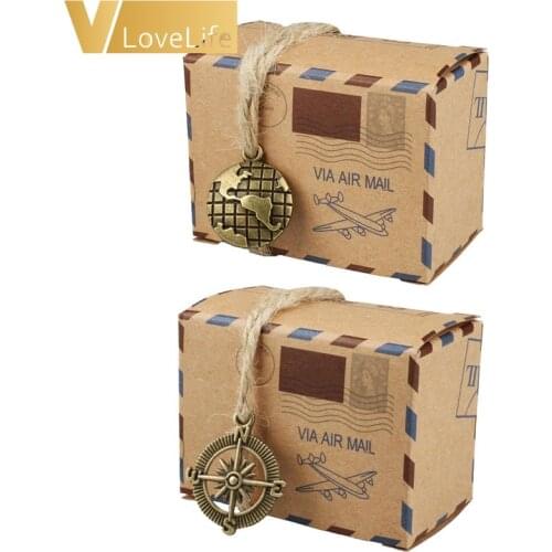 50pcs Kraft Vintage Travel Candy Boxes with Globe and Compass Chocolate Packaging Gift Box and Gifts Bag Party Wedding Favors