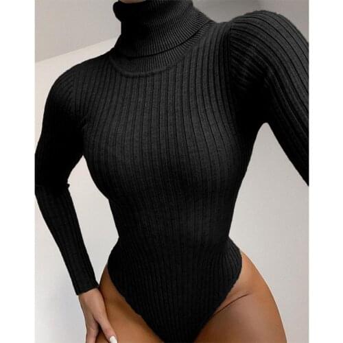 Ribbed Knit Sexy Female Bodysuit Women Top 2020 New Autumn Winter Warm Turtleneck Long Sleeve Sheath Casaul Body Woman Rompers