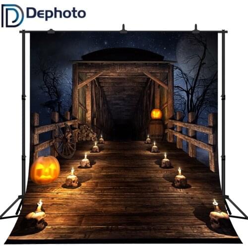 Dephoto Full Moon Night Starry Sky Halloween Background Wooden Bridge Skulls Candle Light Pumpkin Lanterns Kids Photo Backdrop