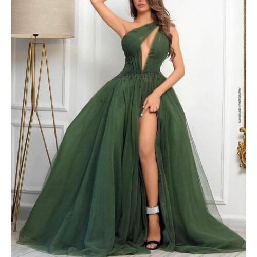 Long One Shoulder Green Tulle Evening Dresses with Slit Sexy Floor Length Zipper Back Formal Party Gowns for Women