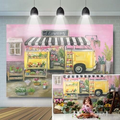 Flower Bus Backdrop Girl Kids Photography Background Pink Floral Panting Decor Props Spring Banner Child Baby Newborn Photostuio