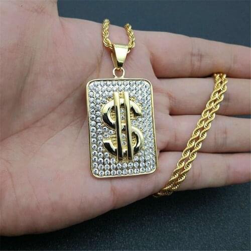 Hip Hop Iced Out Dollar Sign Pendant With Chain Stainless Steel Rhinestone Gold Color Mens Bling Street Jewelry Dropshipping