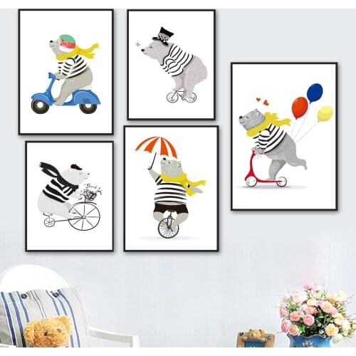 Acrobatic Bear Motorcycle Scooter Wheelbarrow Wall Art Canvas Painting Nordic Posters And Prints Wall Pictures Kids Room Decor
