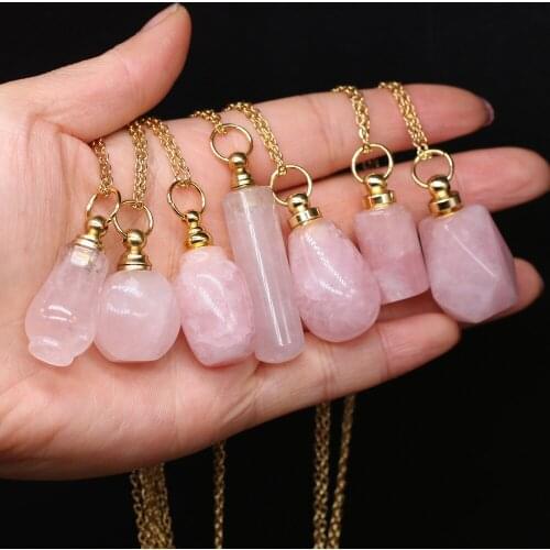 Natural Stone Chame Necklace With Chain length 65Cm Pink Crystal Perfume Bottle Pendant For Unisex Jewelry For Mother Wife Gift