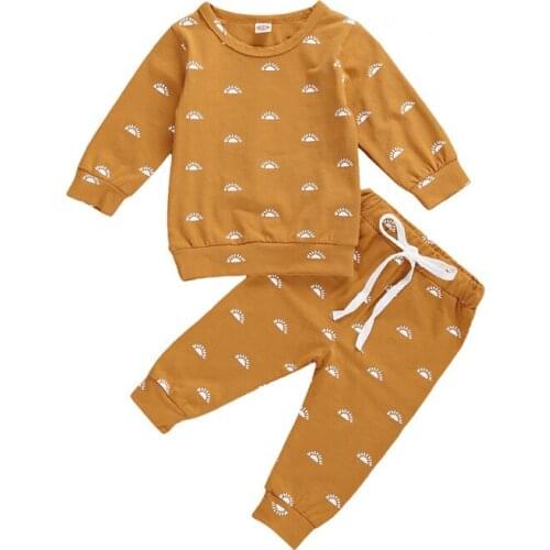 Infant Spring Autumn Top Pants Suit Baby Girl Boys Sun Printed Round Neck Long Sleeve Pullover T Shirt Trousers 2PCS Clothes Set