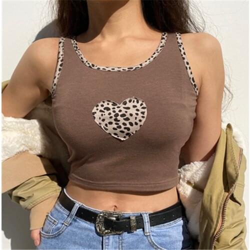 Patchwork Leopard Print Sleeveless Tank Top Women Casual Brown Y2K Crop Tops Tees Ladies Summer Fashion Vest Street