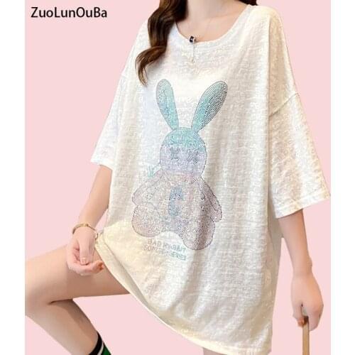 ZuoLunOuBa Summer Women T Shirt Hot Rhinestone Cartoon Cute Rabbit Mid-Length One Size Tees Bright Silk Hollow Tops Female