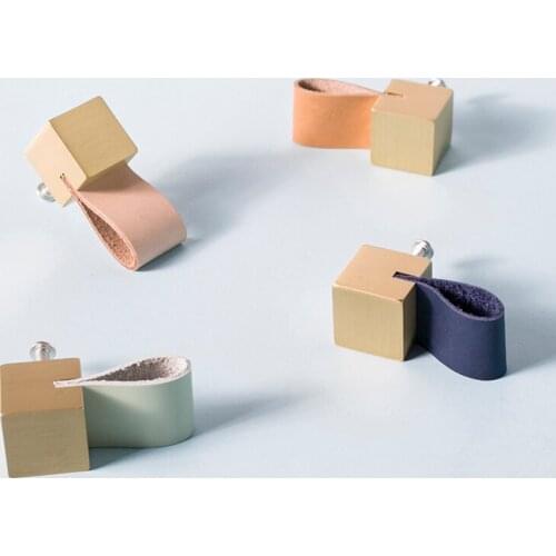 Macaron Color/ Leather+ Brass Knob Dresser Drawer Knobs Pulls Handles / Square Knobs Furniture Cabinet Handle Pull Hardware