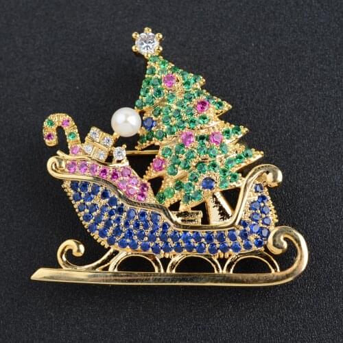 Micro Pave Colorful Zirconia Top Quality CZ Christmas Sleigh Pearl Brooch