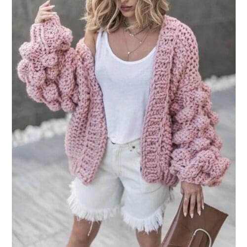 2021 fashion European and American style new hand-woven ball lantern sleeves cardigan sweater jacket female sweater