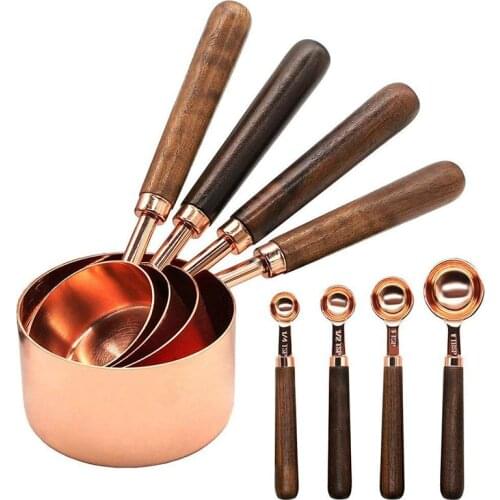 8pcs Measuring Cups Spoons Set Walnut Handle Stainless Steel Plated Copper Metal Measuring Scoop Baking Kit Kitchen Accessories