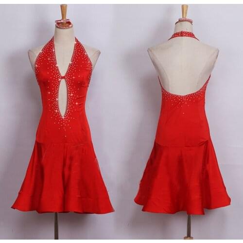 New Red Latin Dance Dresses For Women Shiny Rhinestone Backless Tango Salsa Ballroom Compete Latin Dance Costumes BL1280