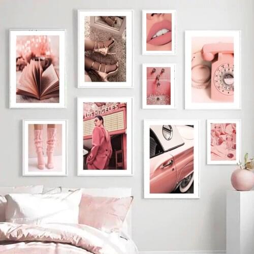 Fashion Girl Pink High Heels Car Phone Lips Diamond Nordic Poster Wall Art Print Canvas Painting Decor Pictures For Living Room