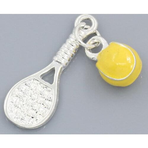 Lovely Charm Pendants Tennis Racket Silver Plated Enamel W/Yellow Ball 25x9mm 11.5x7.5mm,10PCs (B25431)
