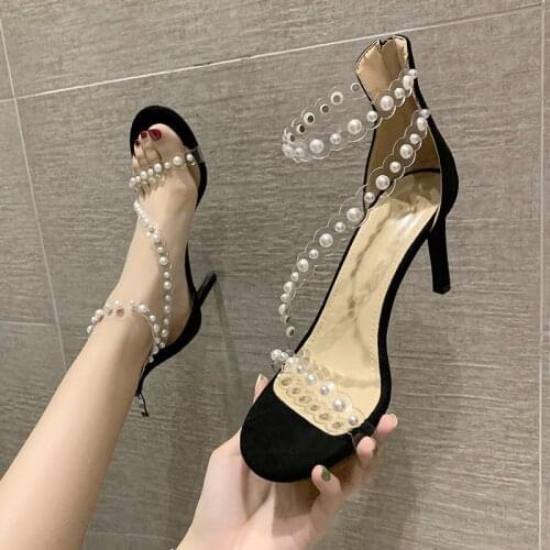 Summer High Heels Sandals Pearl Chain Style Buckle Open Toe Sexy Party Dress Shoes Black Sliver 7.5CM Heels Design Pumps Female