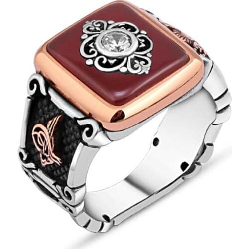 Agate Stone Mid-Zircon Stone Motif Silver Men 'S Ring
