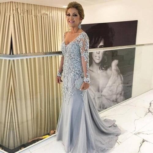Silver Mother Of The Bride Dresses Mermaid V-neck Long Sleeves Appliques Beaded Plus Size Long Groom Mother Dresses For Wedding