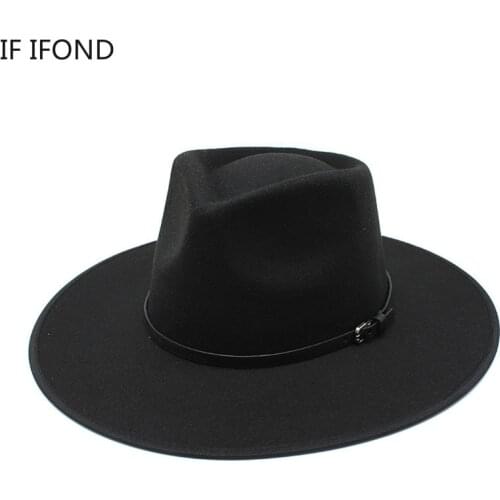 2021 Simple Winter Solid Fedoras Hat With Leather Ribbon Men Women 8.5CM Wide Brim Panama Jazz Hat Gentleman Sombrero Cap