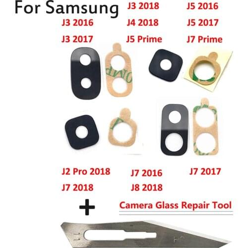 2Pcs，New Rear Back Camera Glass Lens Cover For Samsung J2Pro J3 J5 J4 J7Prime J8 2016 2017 2018 With Adhesive Repair Parts+Tools