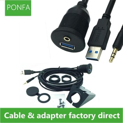USB 3.0 & 3.5mm AUX Extension Flush Mount Audio Cable , 1/8 AUX For Car Bike Boat Motercycle Lead 1M/2M