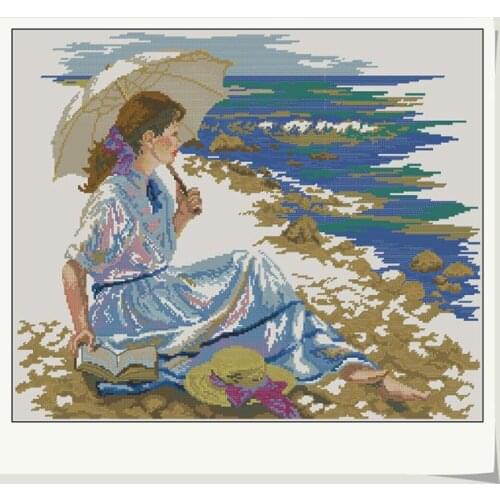 Cross stitch Handmade 14CT Counted Canvas DIY,Cross-stitch kits,Embroidery -A lady watching the sea on the beach 53-46