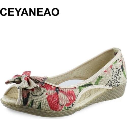 CEYANEAOVintage Women Flats Summer New Soft Canvas Embroidery Shoes Casual Slip On Bow Dance Flat Sandals ForWoman Zapatos Mujer