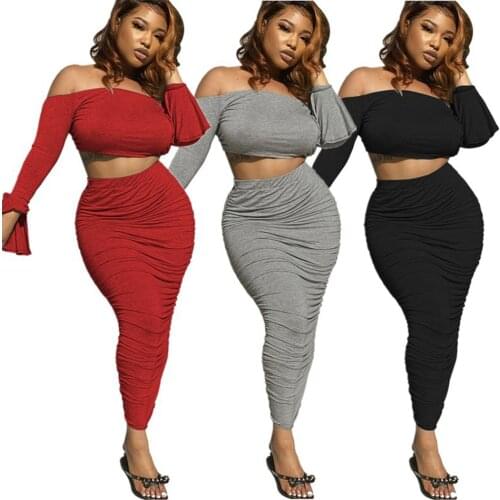 Rave Outfit Sexy Two Piece Set Urban Women Personality Dew Shoulder Slash Neck Flare Sleeve Skirt Sets Wholesale Dropshipping